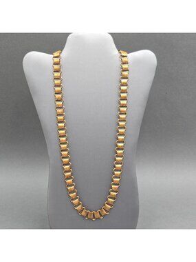 Antique Victorian Book Chain Necklace 24" Gold Tone 15.6mm Embossed Floral Panel